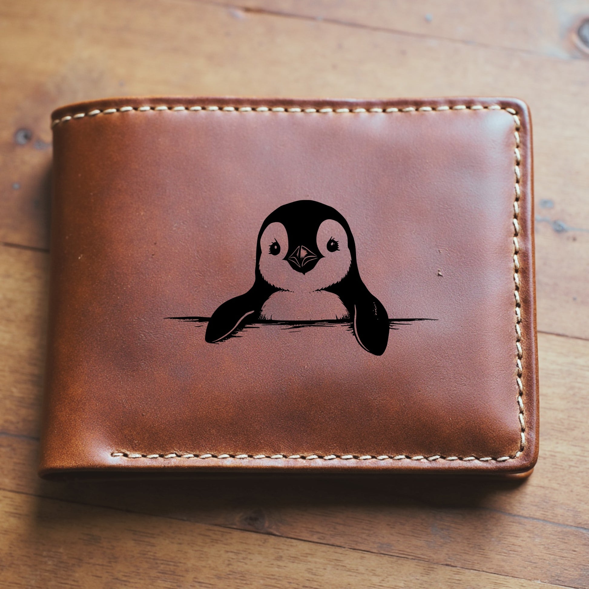Brown leather wallet with a penguin design on a wooden surface