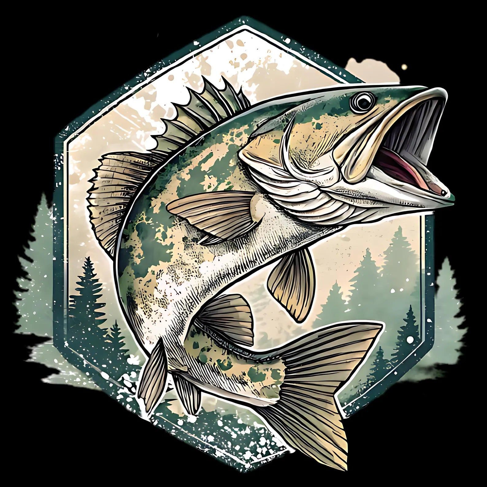 Illustration of a walleye fish with a forest background