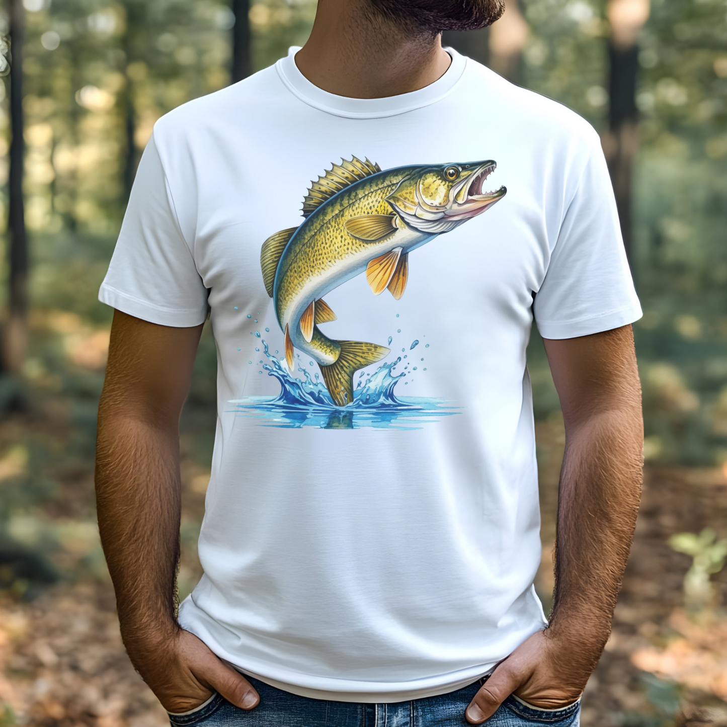 Walleye Fish leaping from the water digital design on a man's white t-shirt