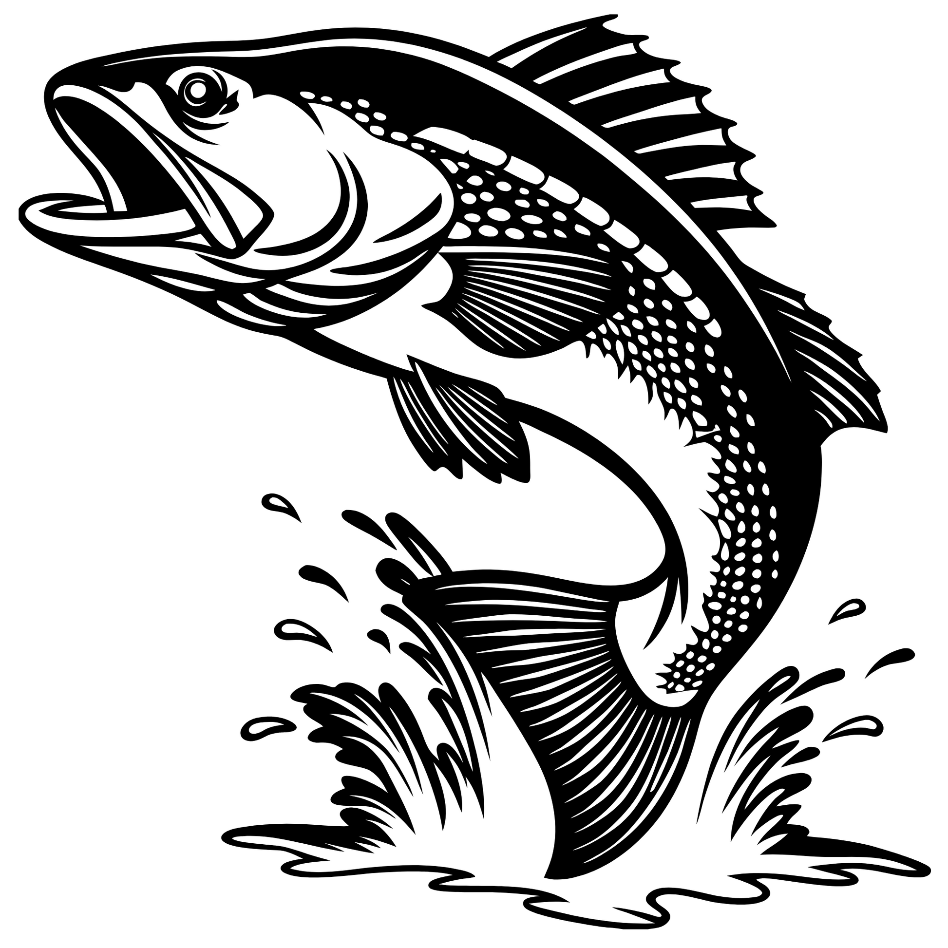 Black and white illustration of a walleye fish leaping out of water