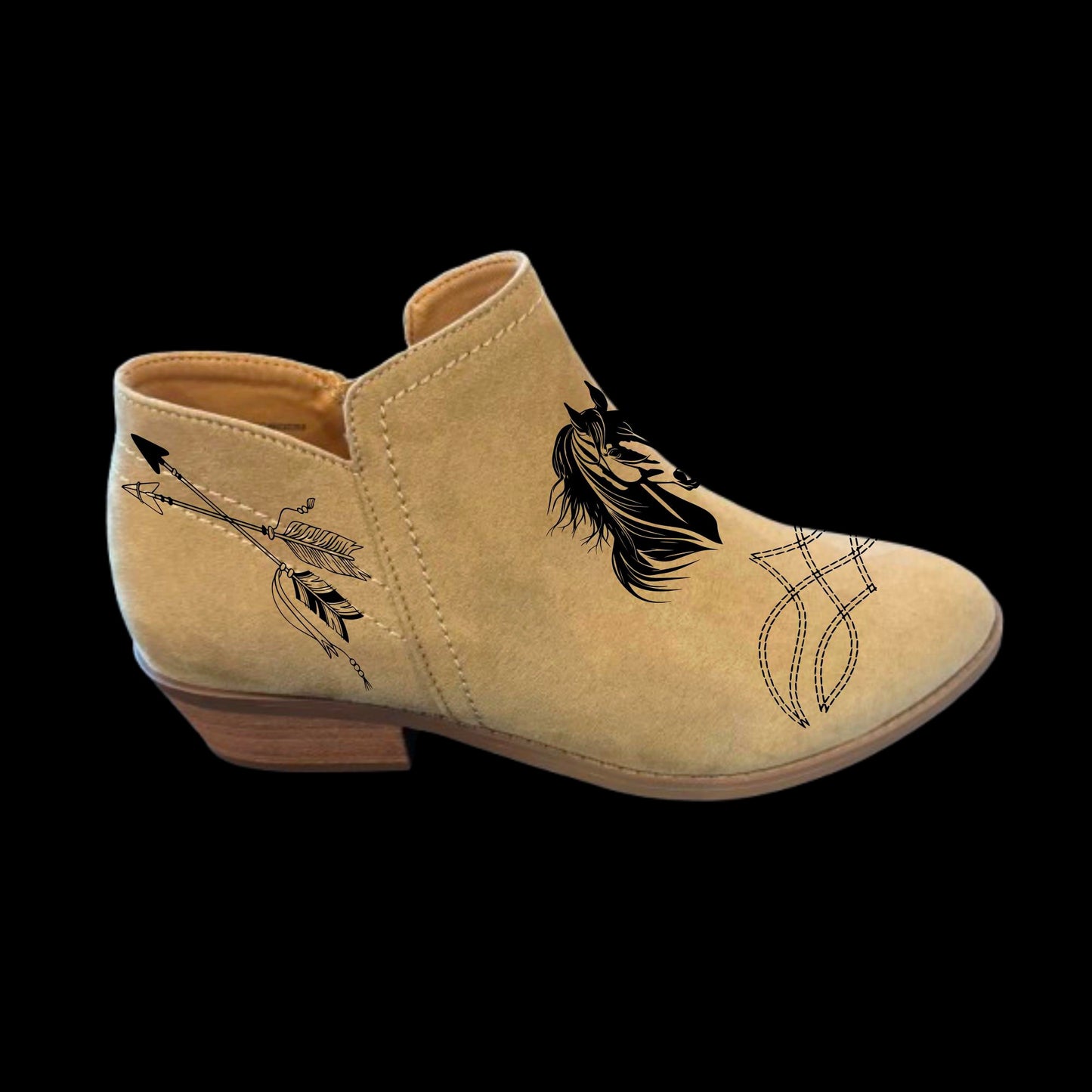 Western Boot Stitching boot burning design on a shoe side vie