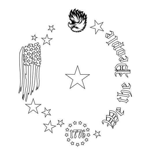 Black and white patriotic design with stars, eagle, and text on a white background