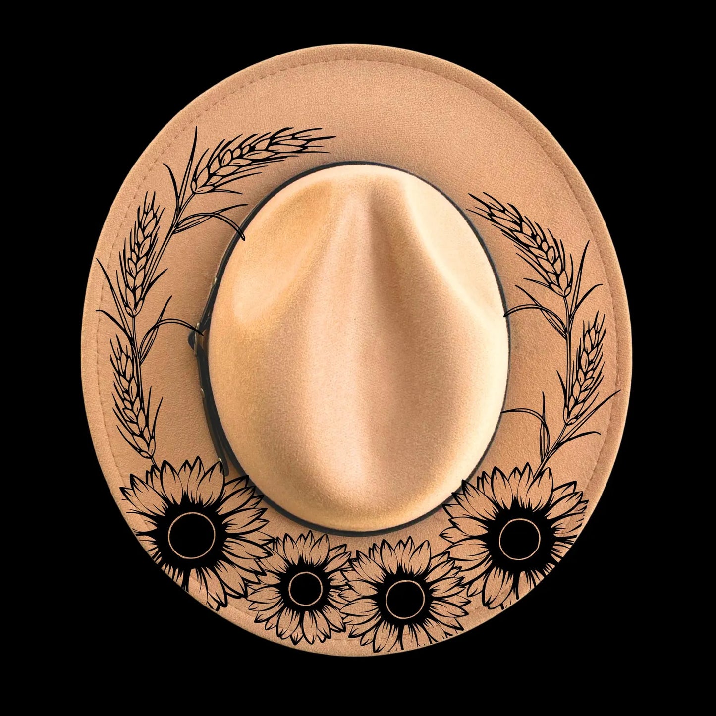Tan hat with black floral and wheat designs on a black background