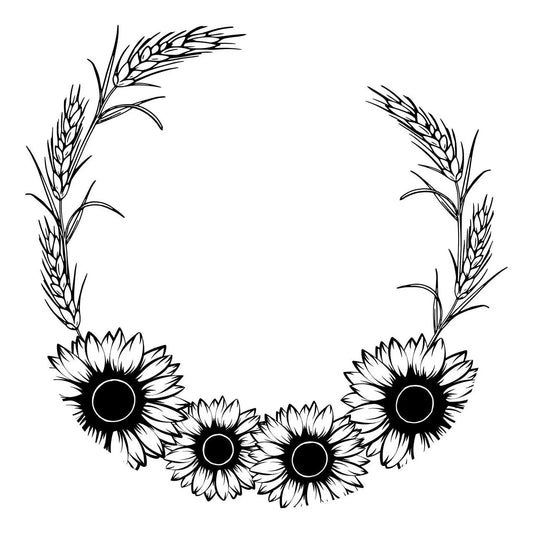 Black and white floral wreath design with sunflowers and wheat on a white background