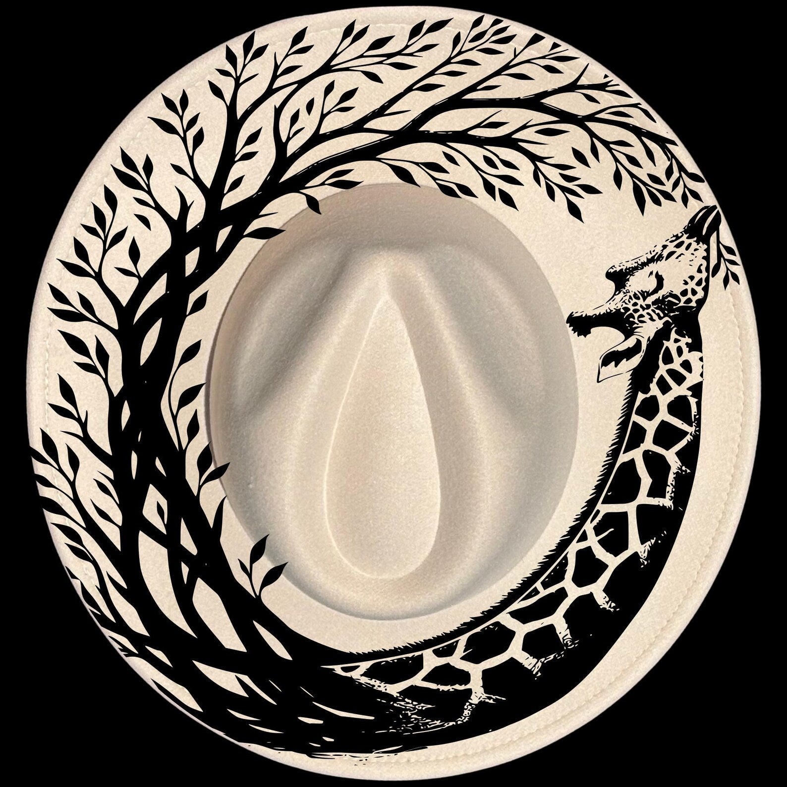 Whimsical Giraffe burned hat burning design on a wide brim hat