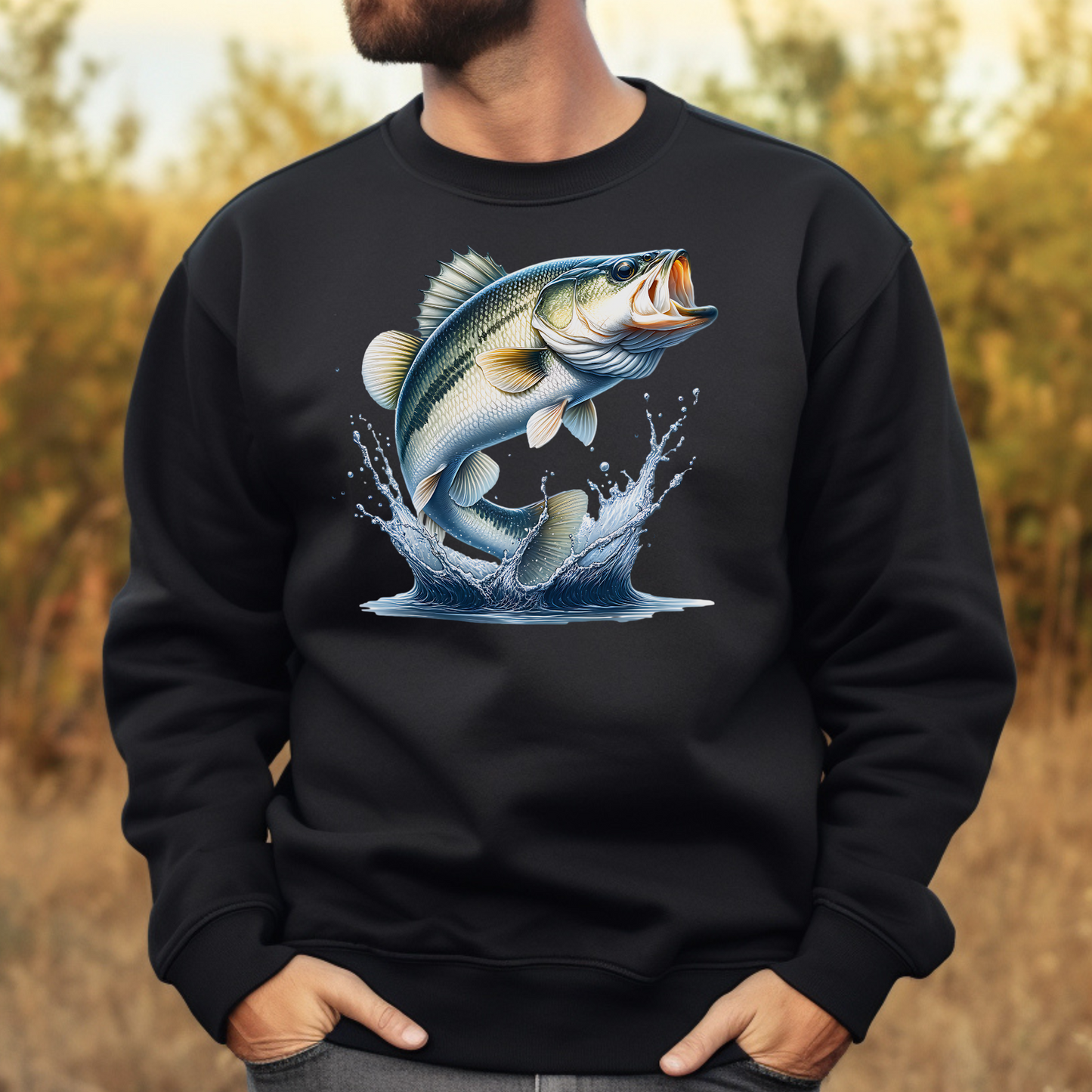White Bass PNG digital download design on a man's black sweatshirt