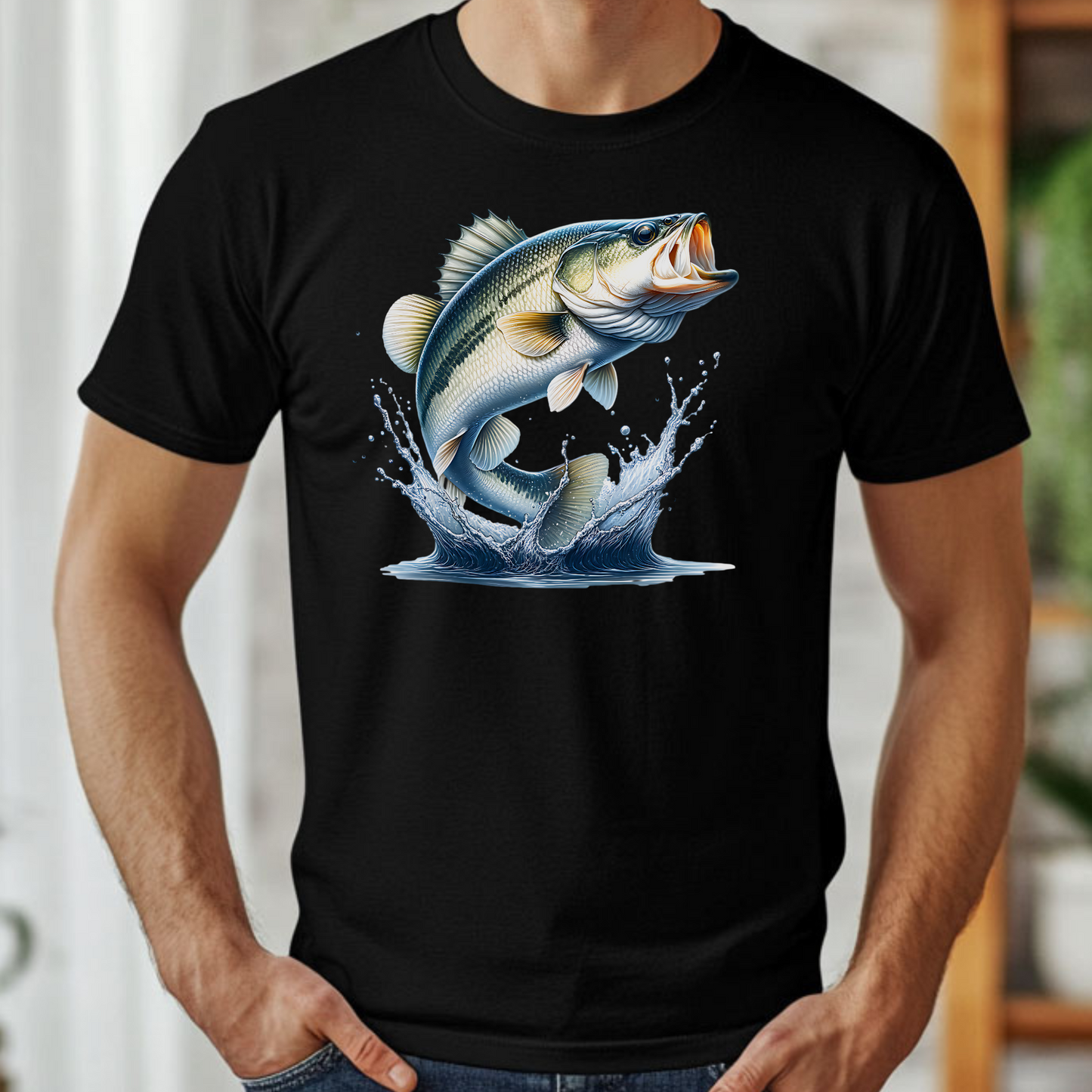 White Bass PNG digital download design on a man's black t-shirt