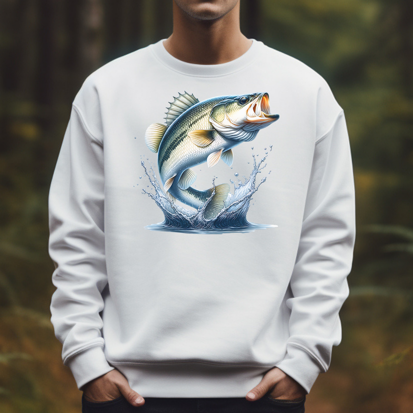 White Bass PNG digital download design on a man's white sweatshirt