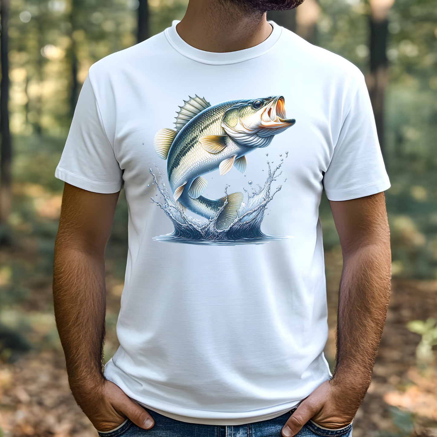 White Bass PNG digital download design on a man's white t-shirt