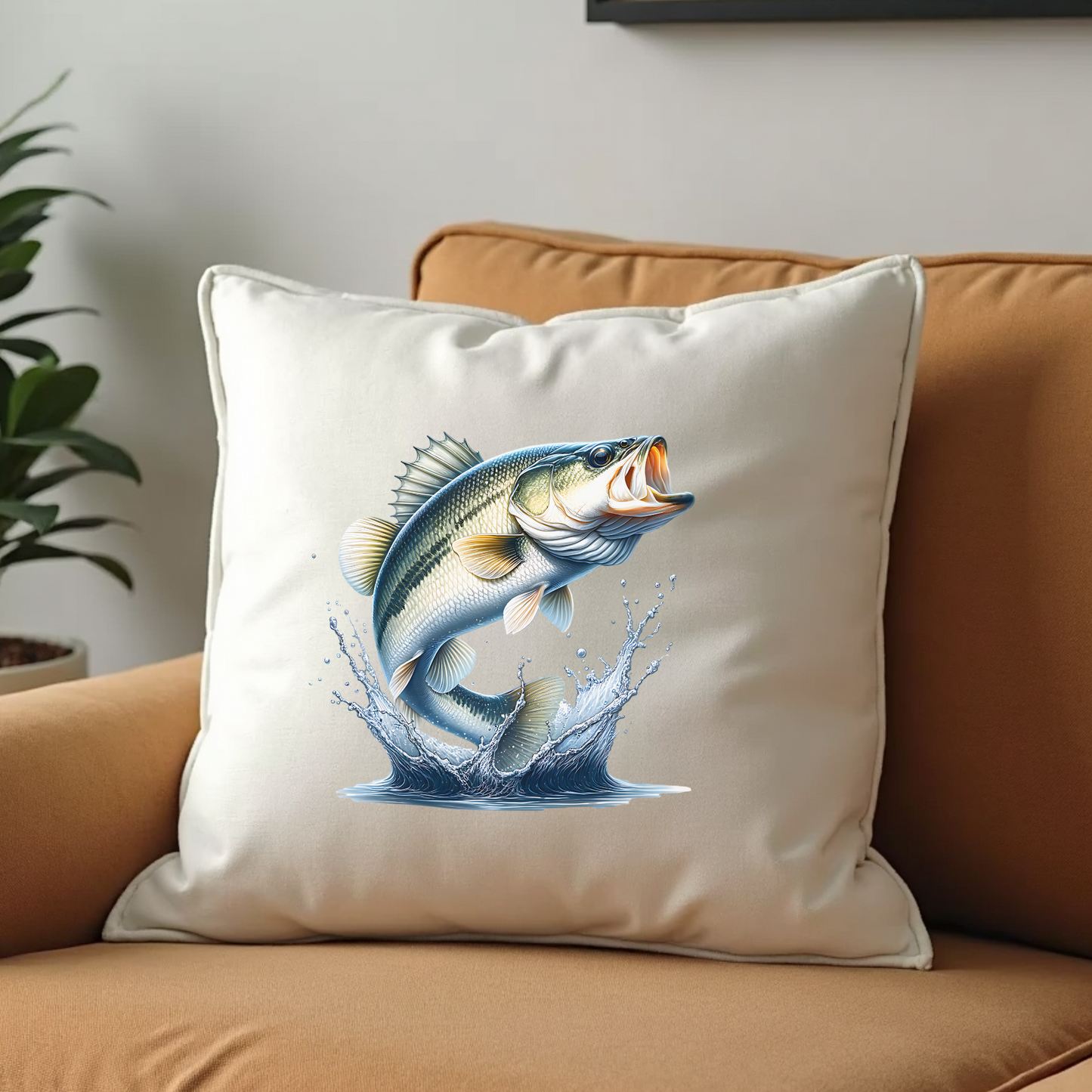 White Bass PNG digital download design on a white throw pillow