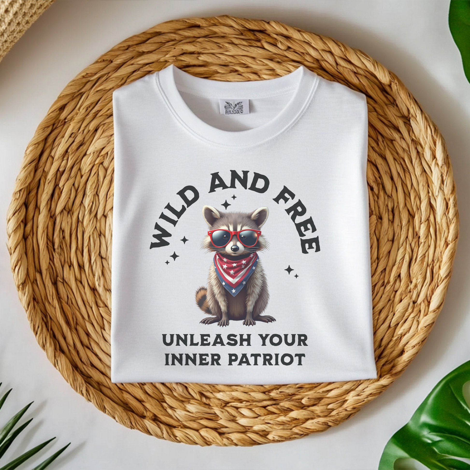 Wild And Free Patriotic Raccoon PNG digital design on a folded white t-shirt