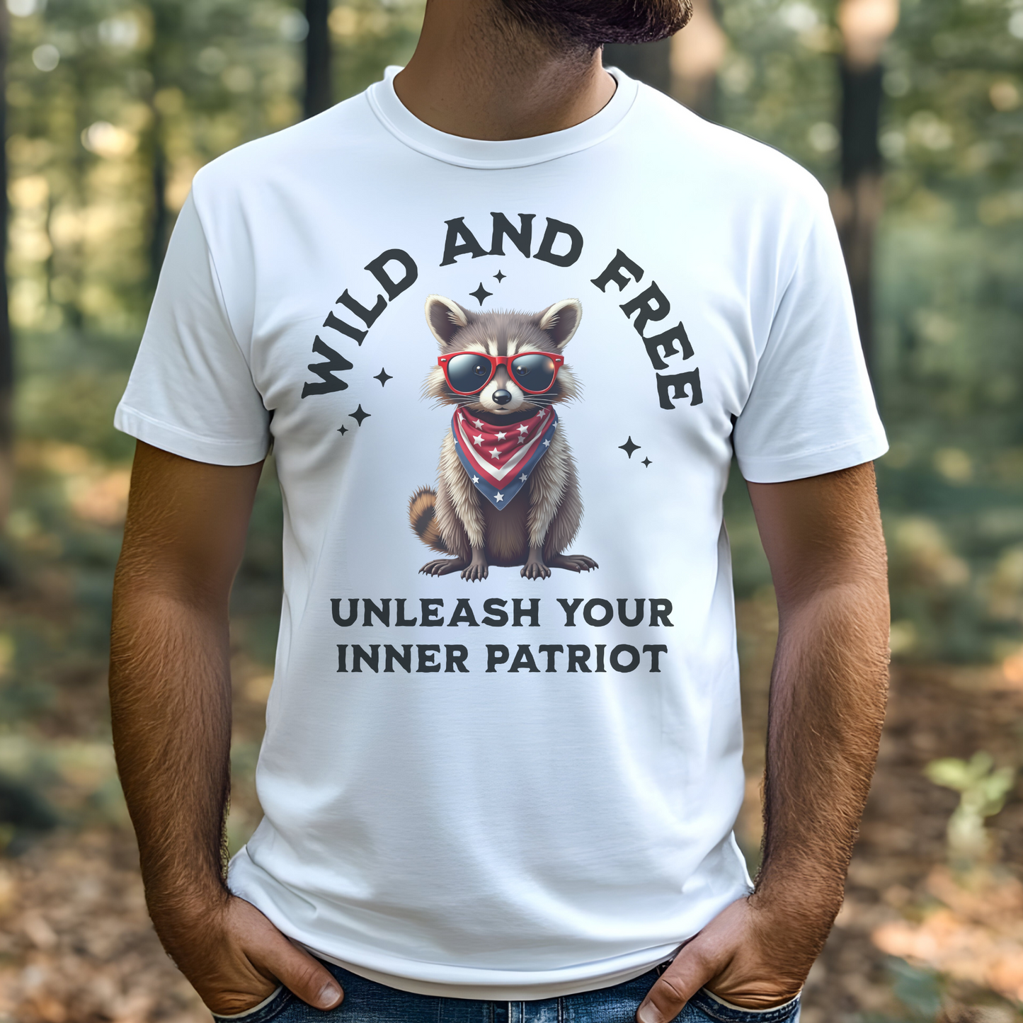 Wild And Free Patriotic Raccoon PNG digital design on a man's white t-shirt