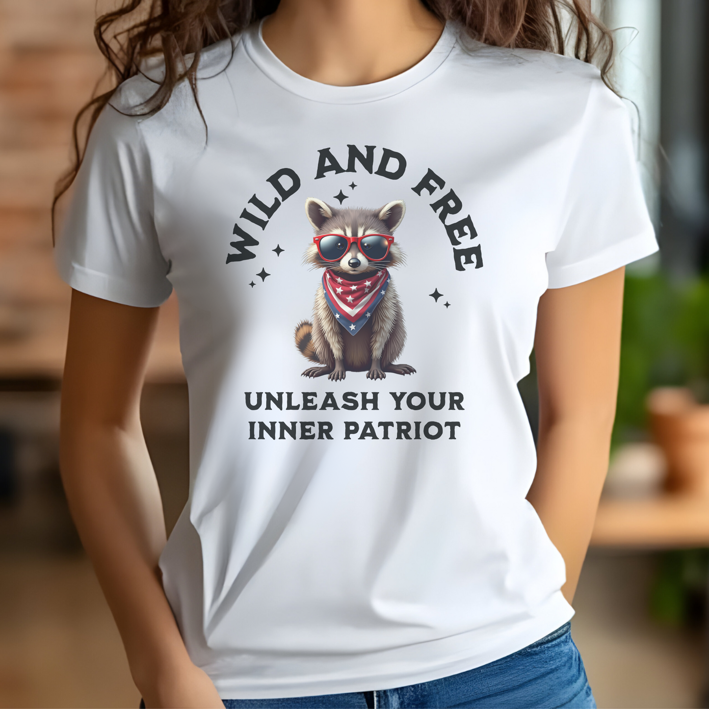 Wild And Free Patriotic Raccoon PNG digital design on a woman's white t-shirt