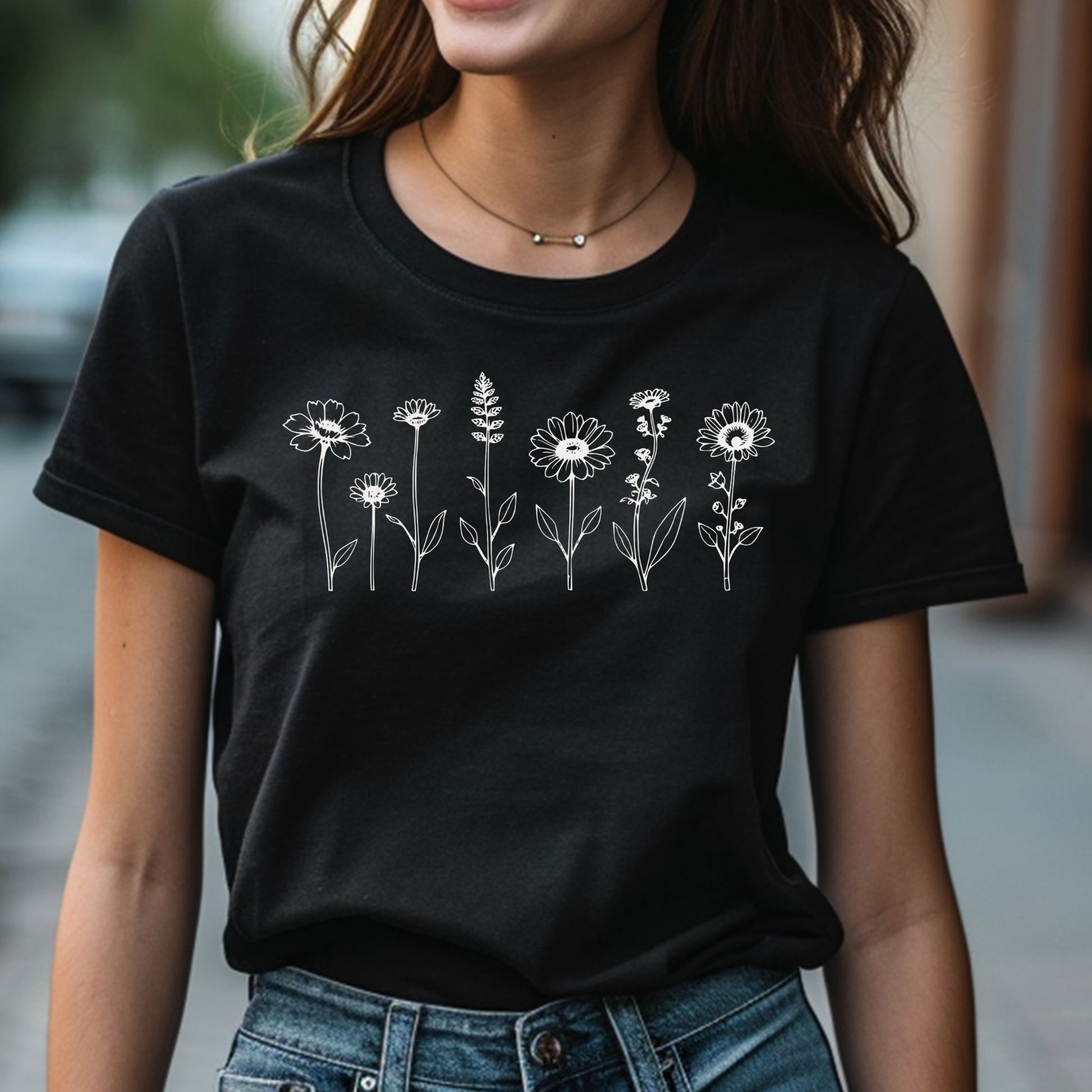 Wildflowers Floral digital download on a woman’s black t-shirt