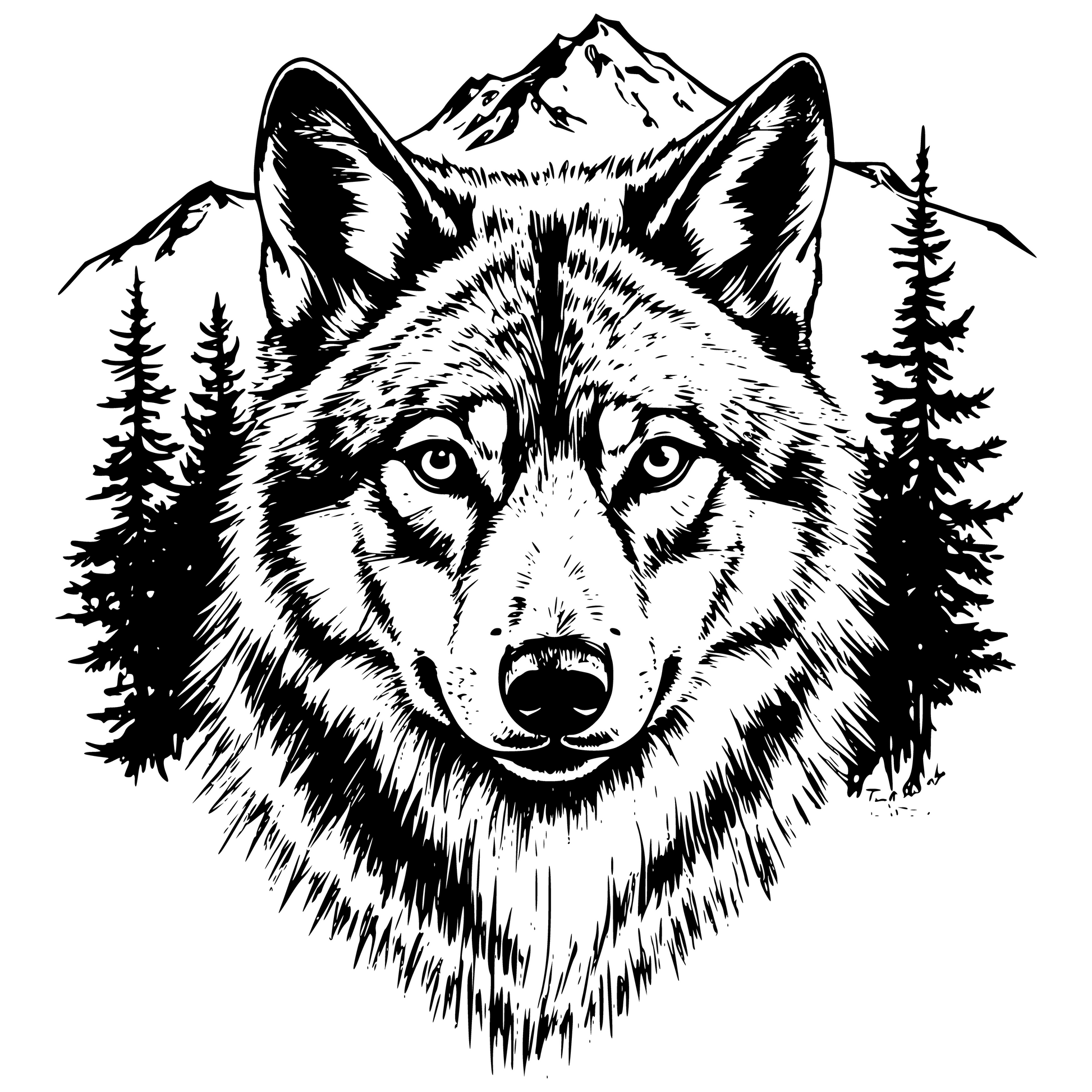Black and white illustration of a wolf with mountains and trees in the background