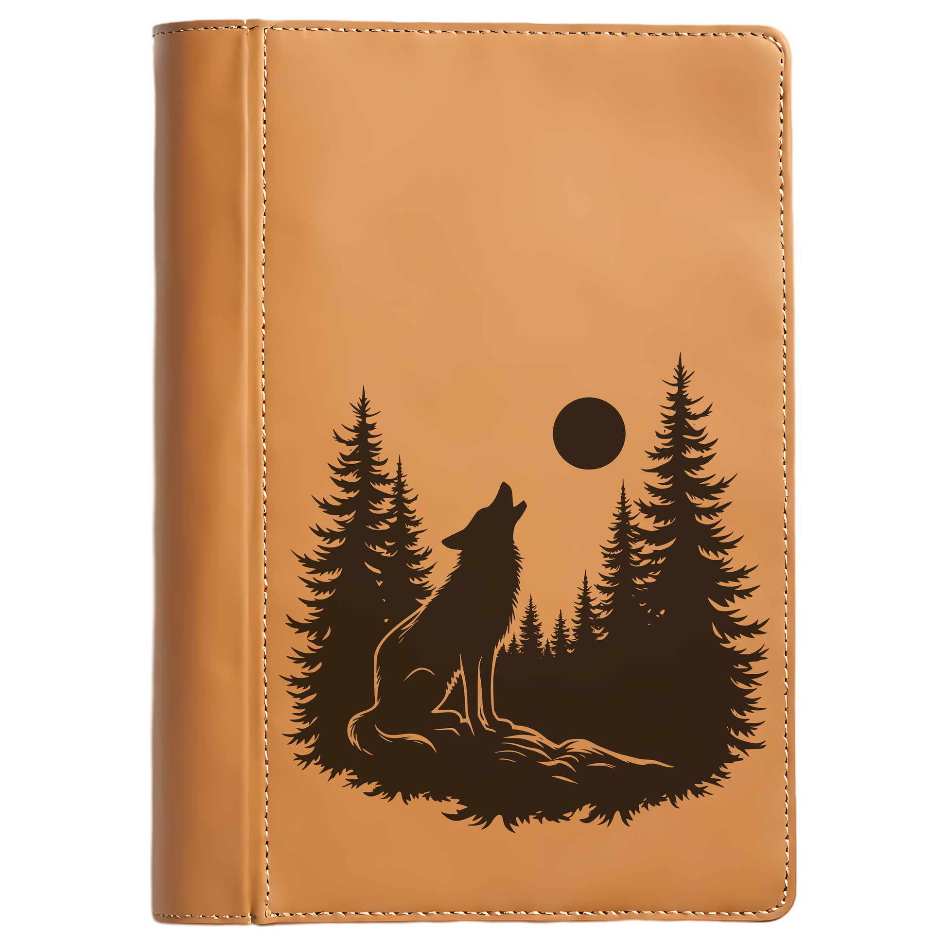 Brown leather notebook with a wolf and tree design on a white background