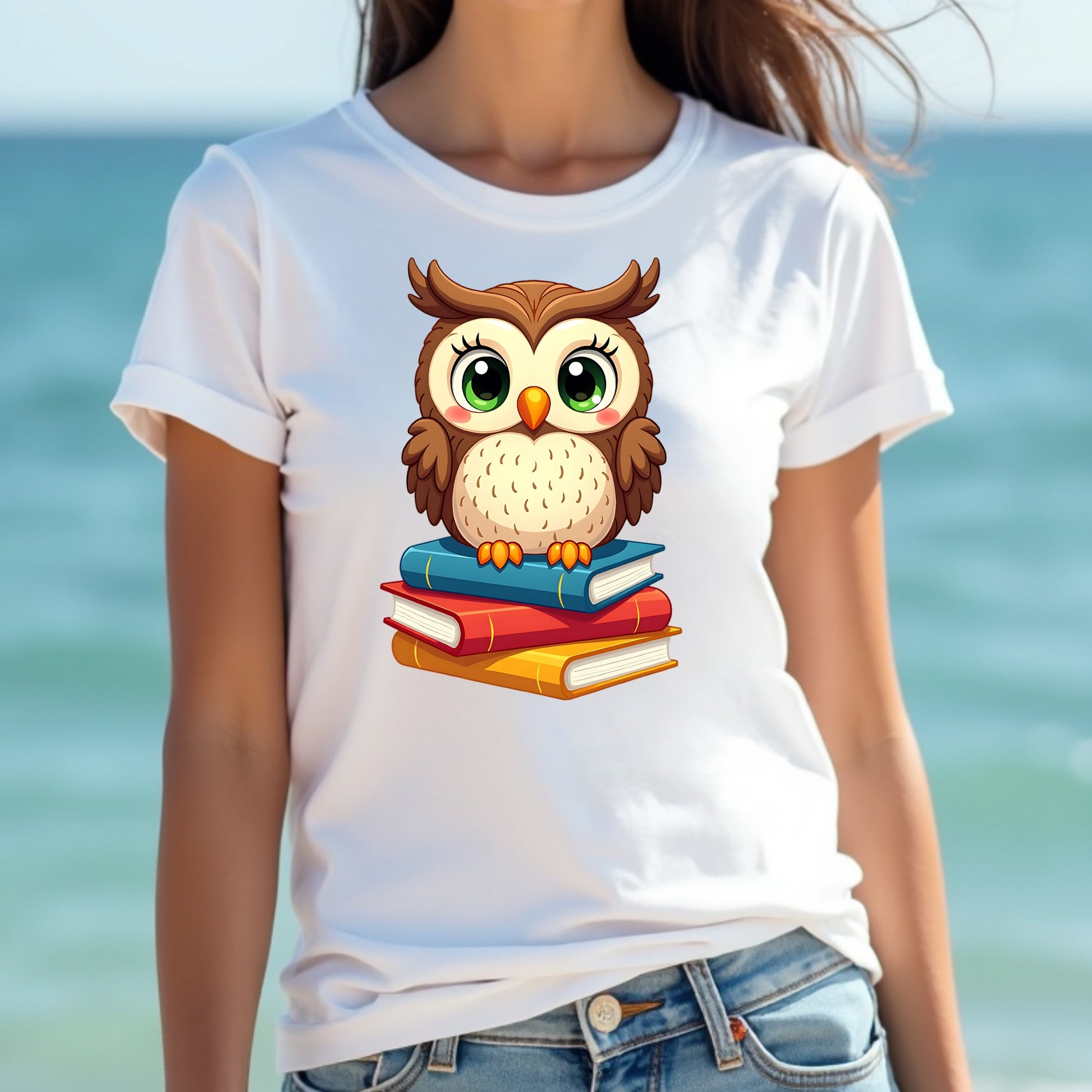 Woman wearing a white t-shirt with an owl design on a beach