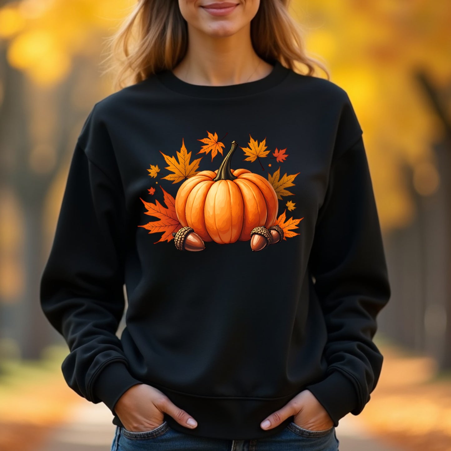 Woman wearing a black sweatshirt with a pumpkin and leaf design in an autumn setting