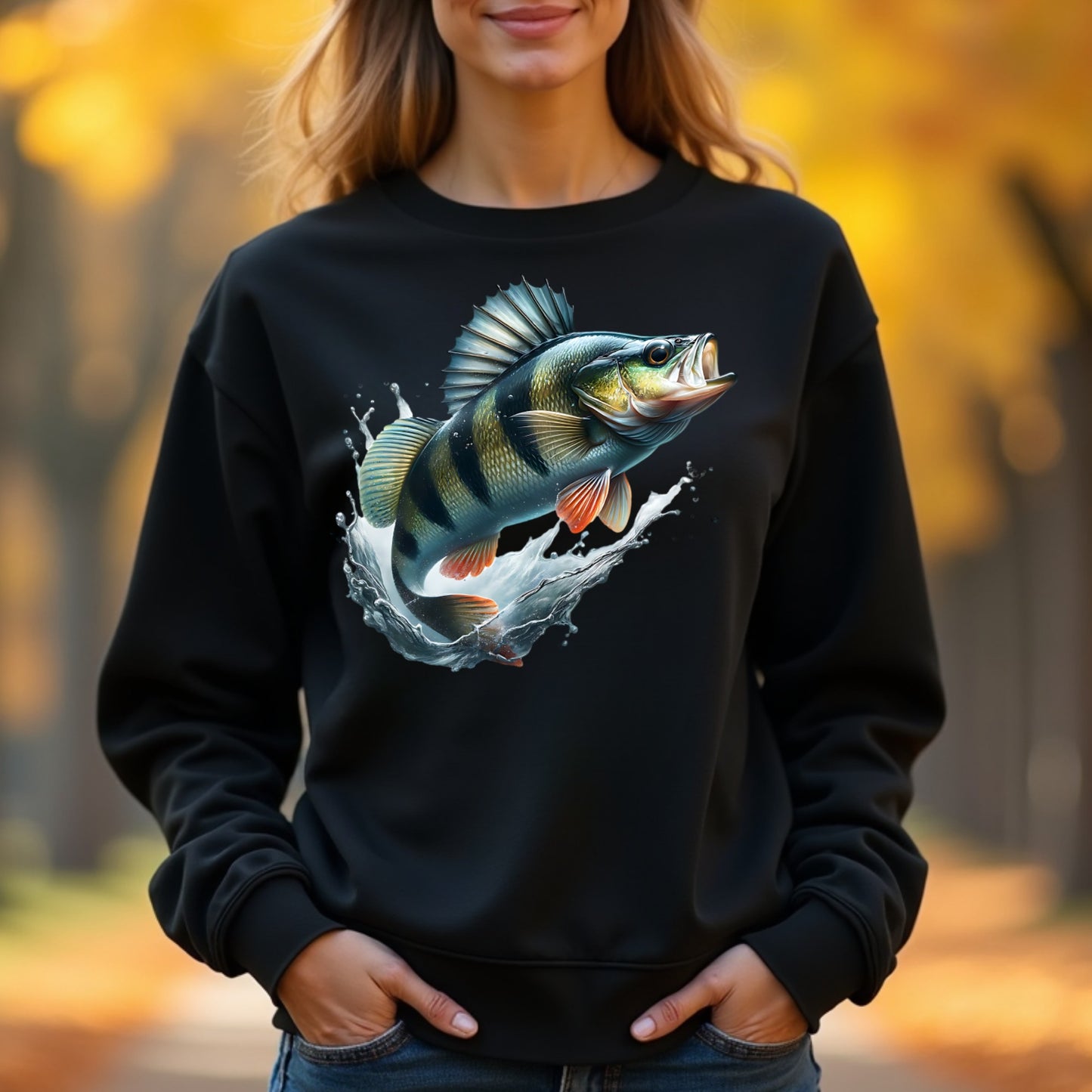 Woman wearing a black sweatshirt with a perch design outdoors