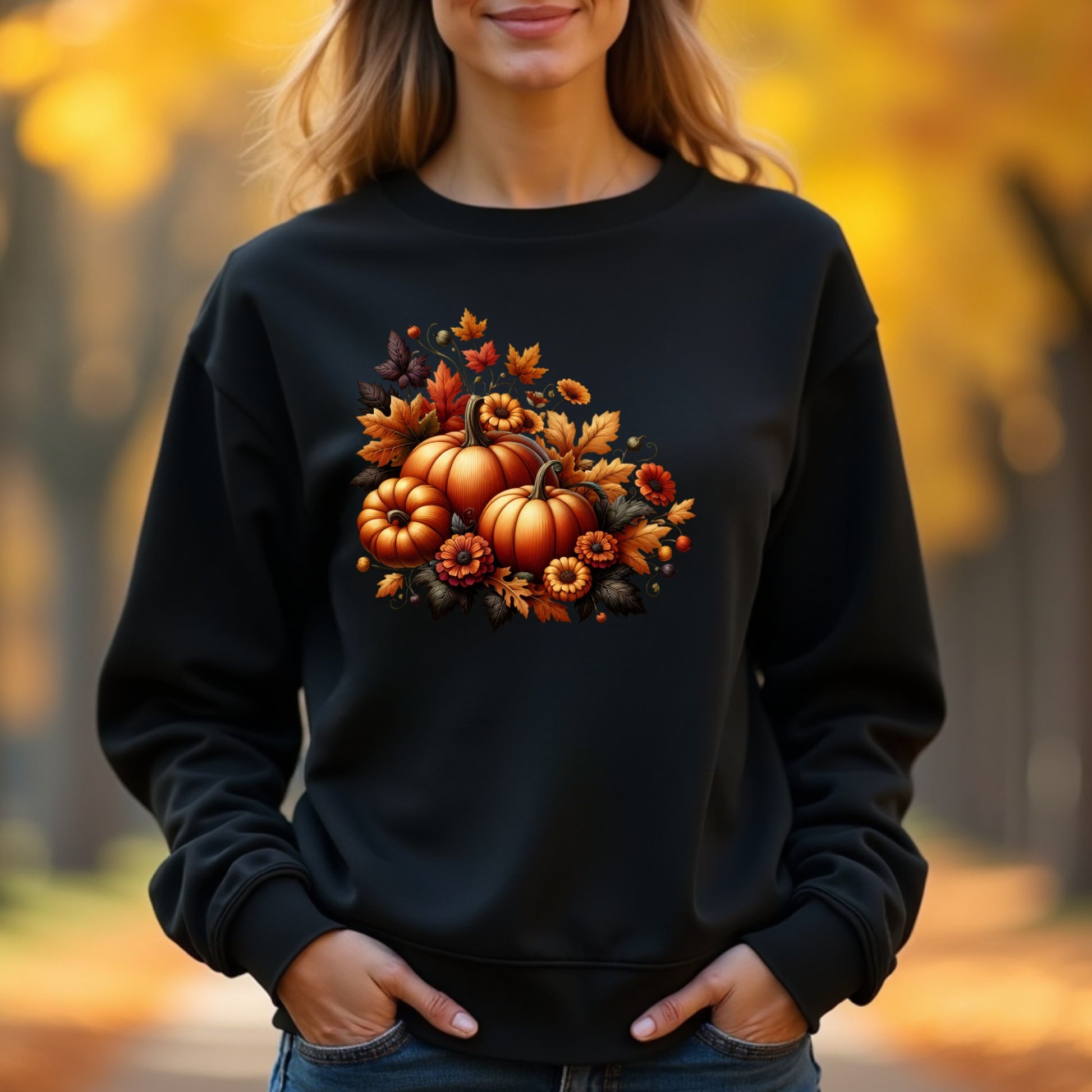 Woman wearing a black sweatshirt with a pumpkin and autumn leaf design outdoors.
