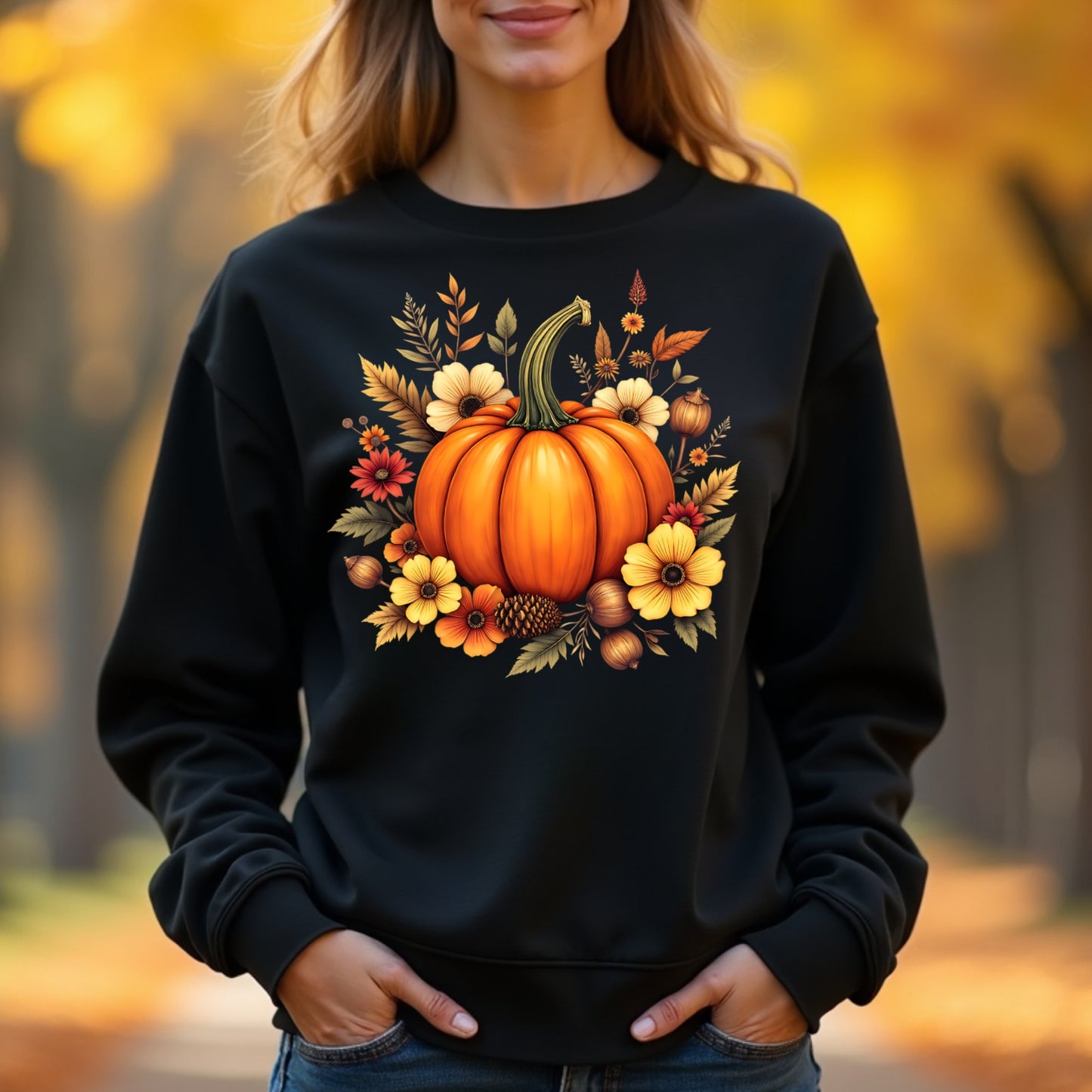 Woman wearing a black sweatshirt with a pumpkin and floral design in an autumn setting.