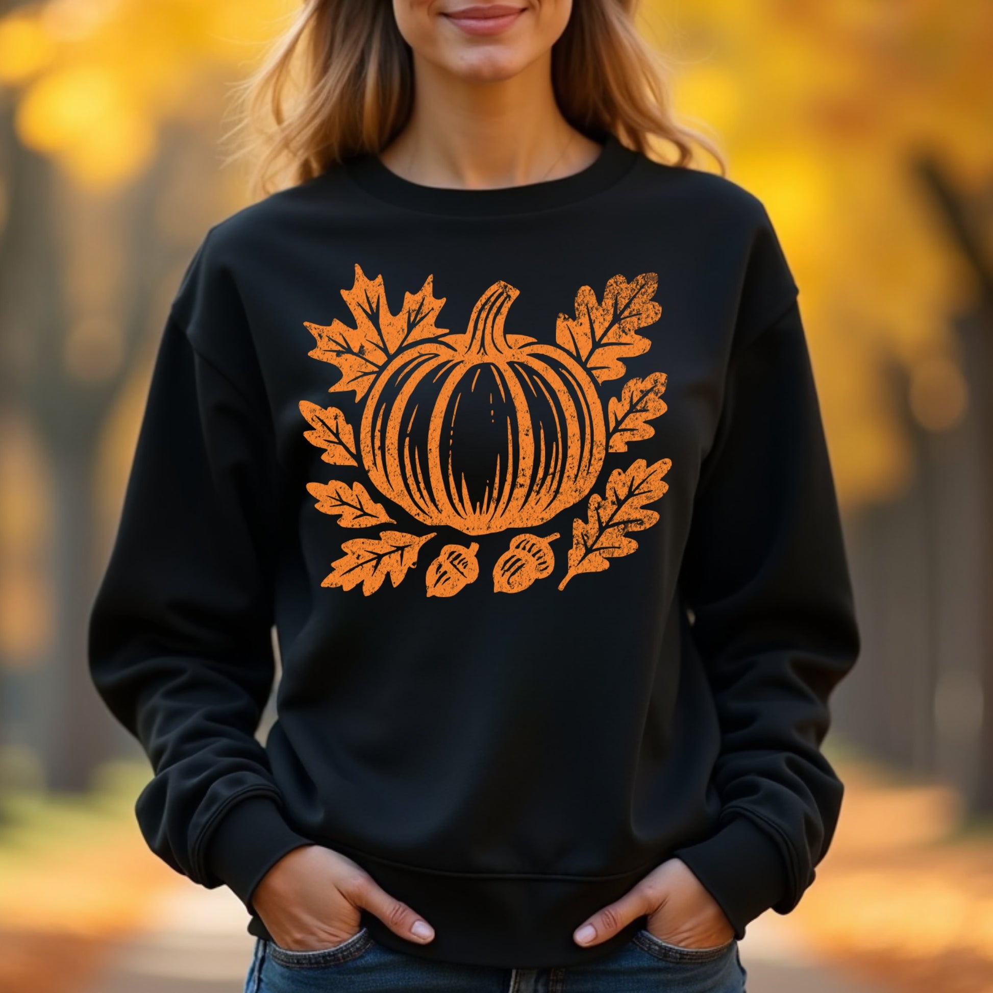 Woman wearing a black sweatshirt with an orange pumpkin design in an autumn setting