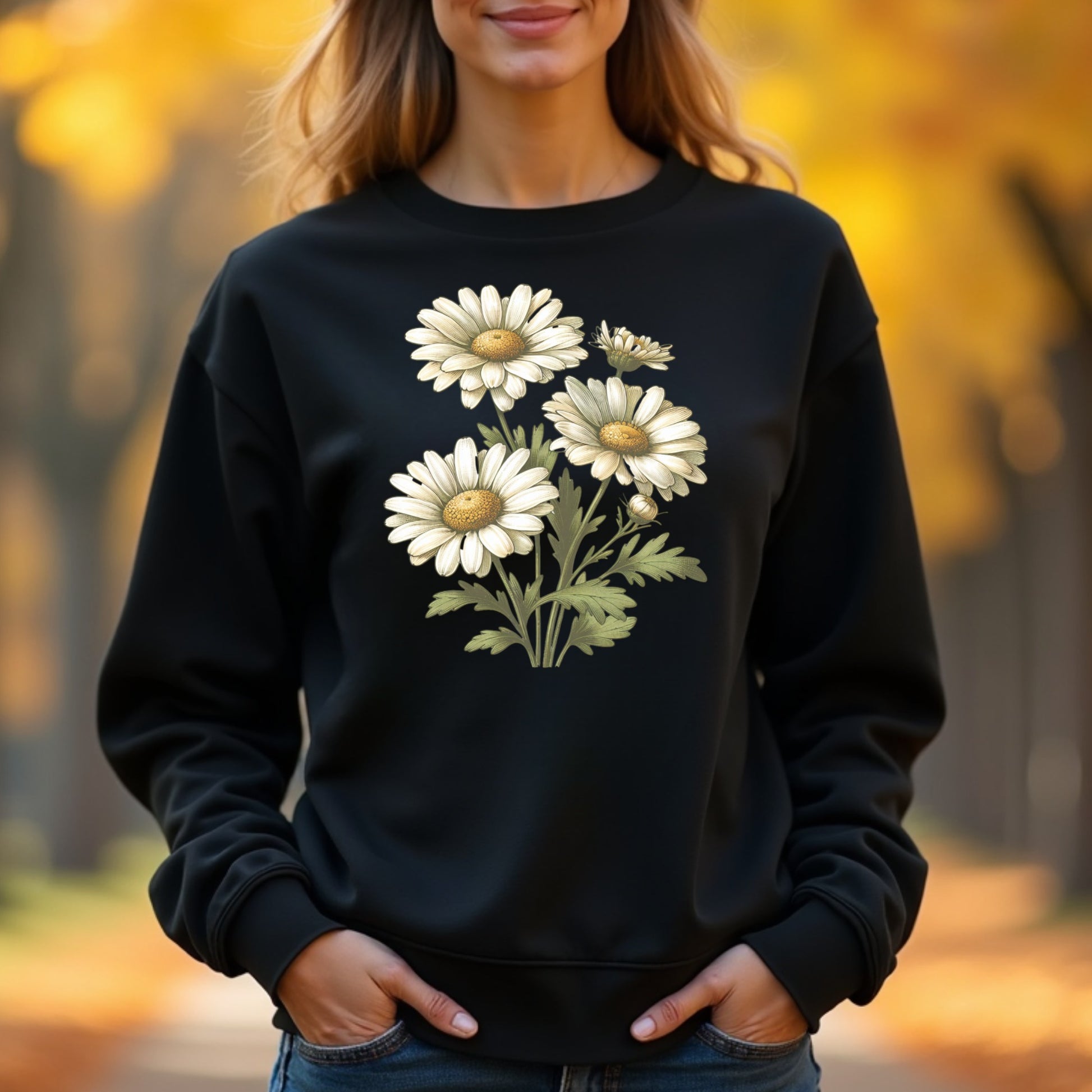 Woman wearing a black sweatshirt with white floral design outdoors.