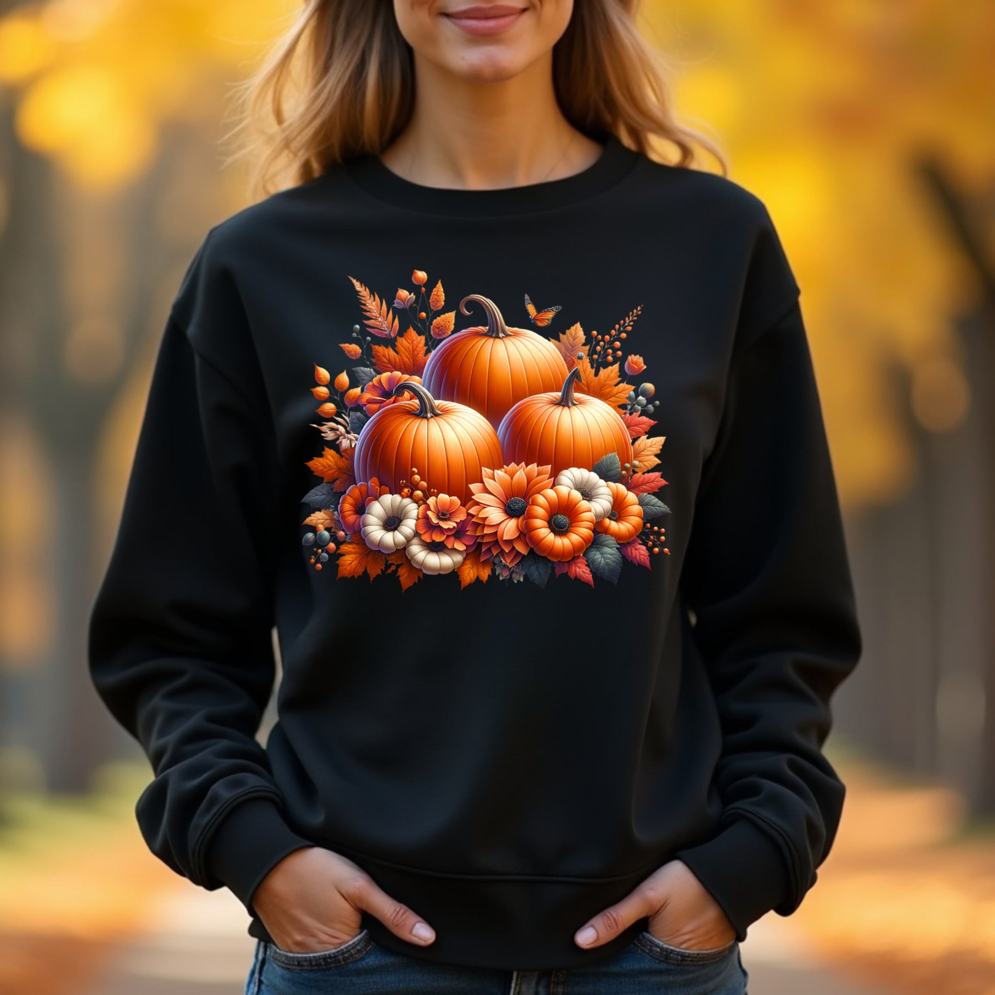 Woman wearing a black sweatshirt with pumpkins and autumn leaves design, standing in an outdoor setting.