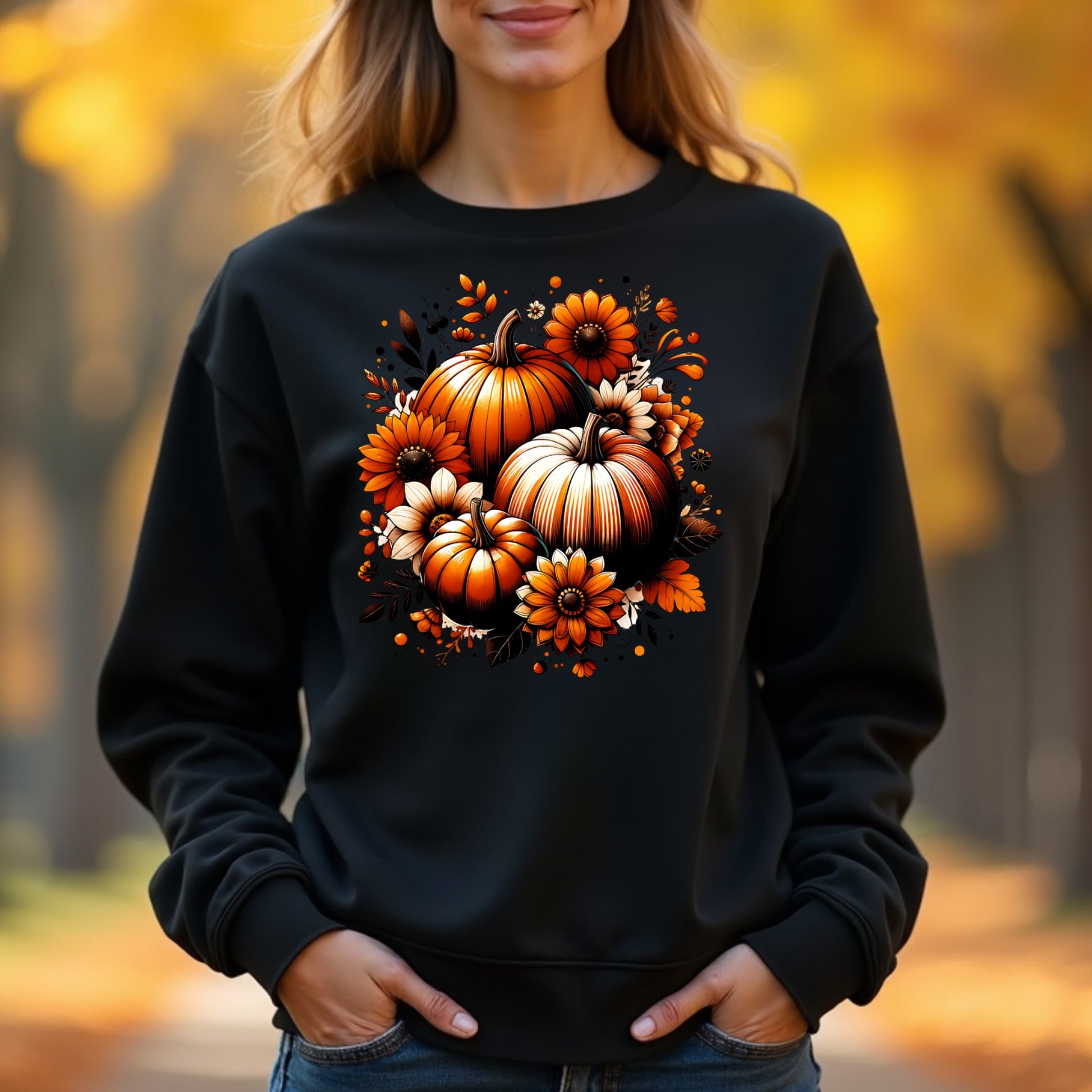 Woman wearing a black sweatshirt with pumpkins and flowers design outdoors in autumn.