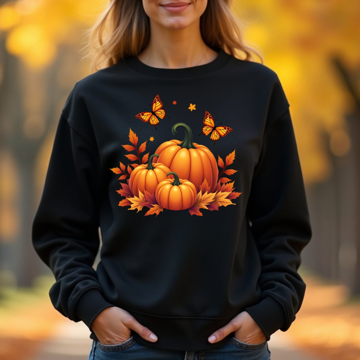 Woman wearing a black sweatshirt with pumpkins and butterflies design, standing in an autumn setting.