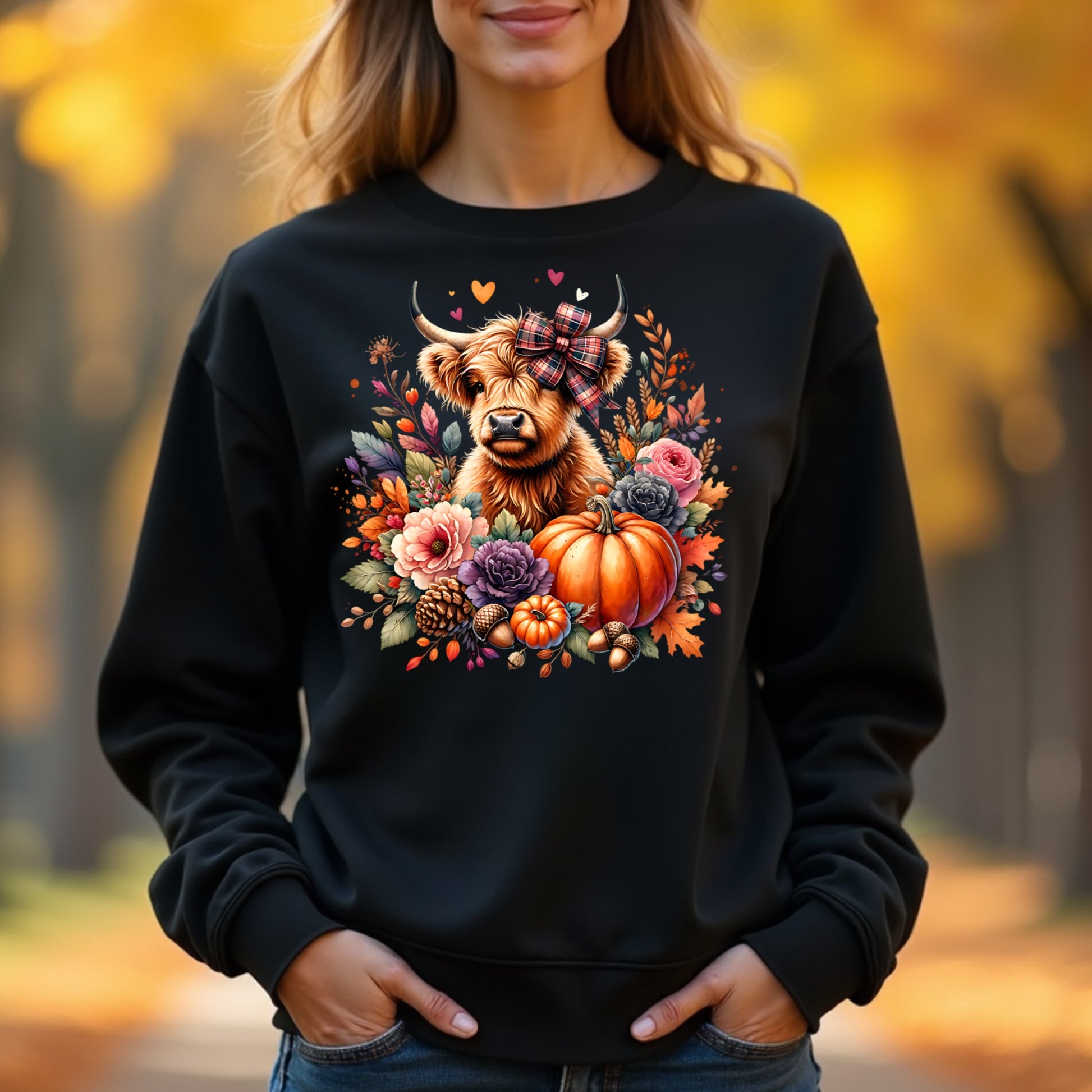 Woman wearing a black sweatshirt with a cow and autumn-themed design in an outdoor setting.