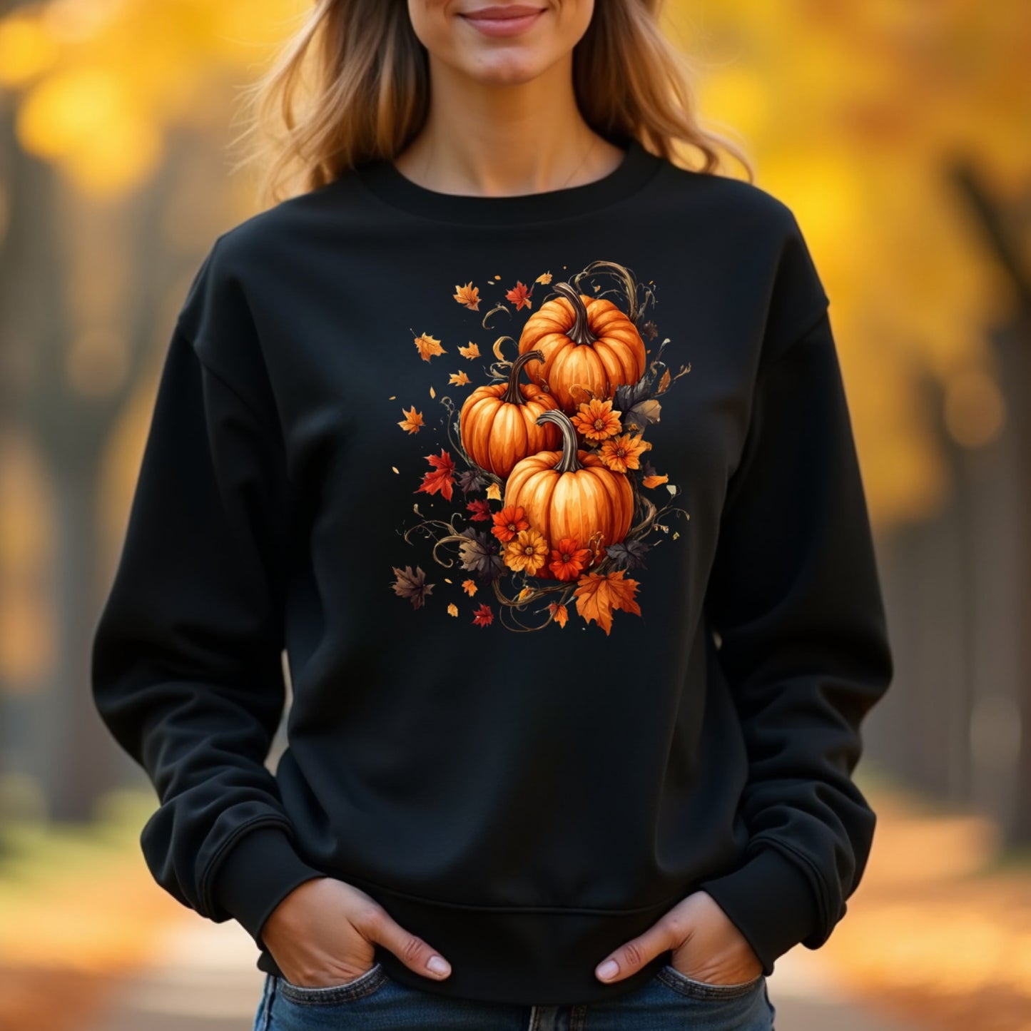 Woman wearing a black sweatshirt with pumpkin design in an autumn setting