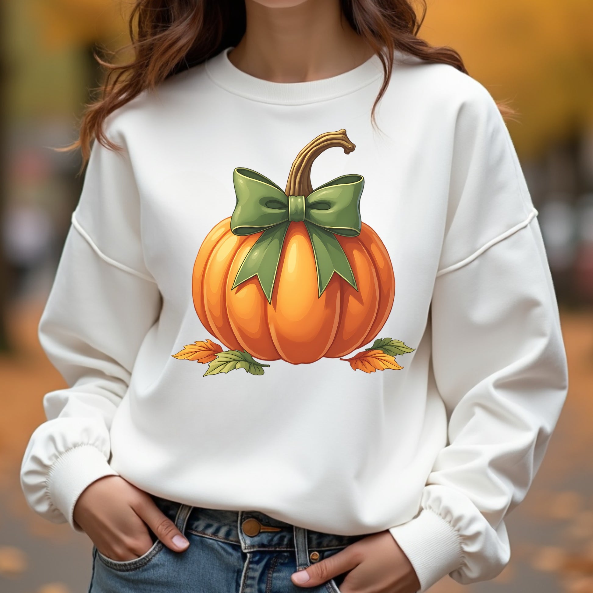 White sweatshirt with a pumpkin design featuring a green bow, worn by a woman outdoors.