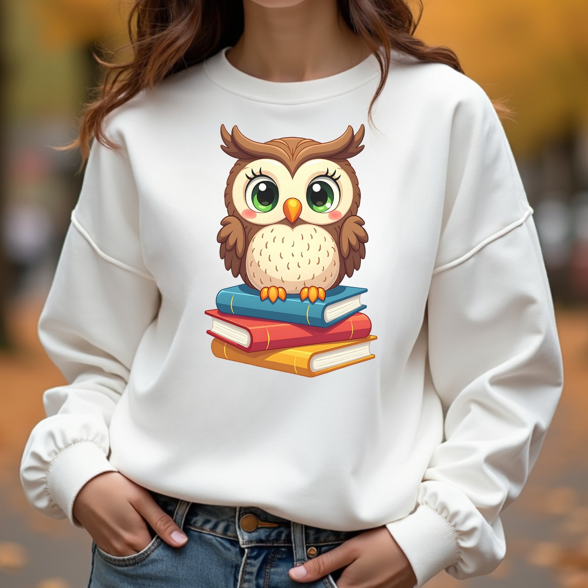 White sweatshirt with an owl design on a blurred autumn background