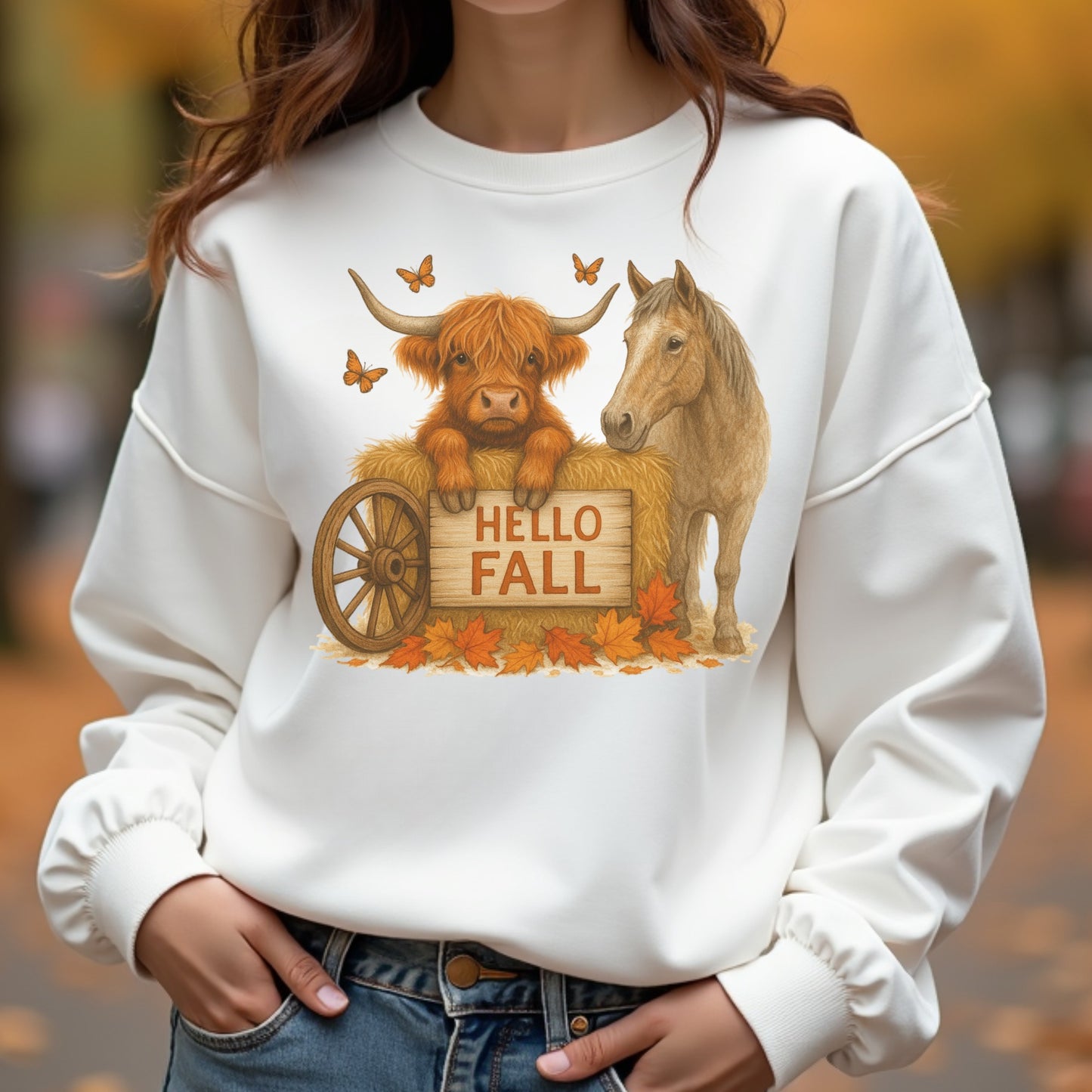 Hello Fall Highland Cow Graphic Design PNG JPG