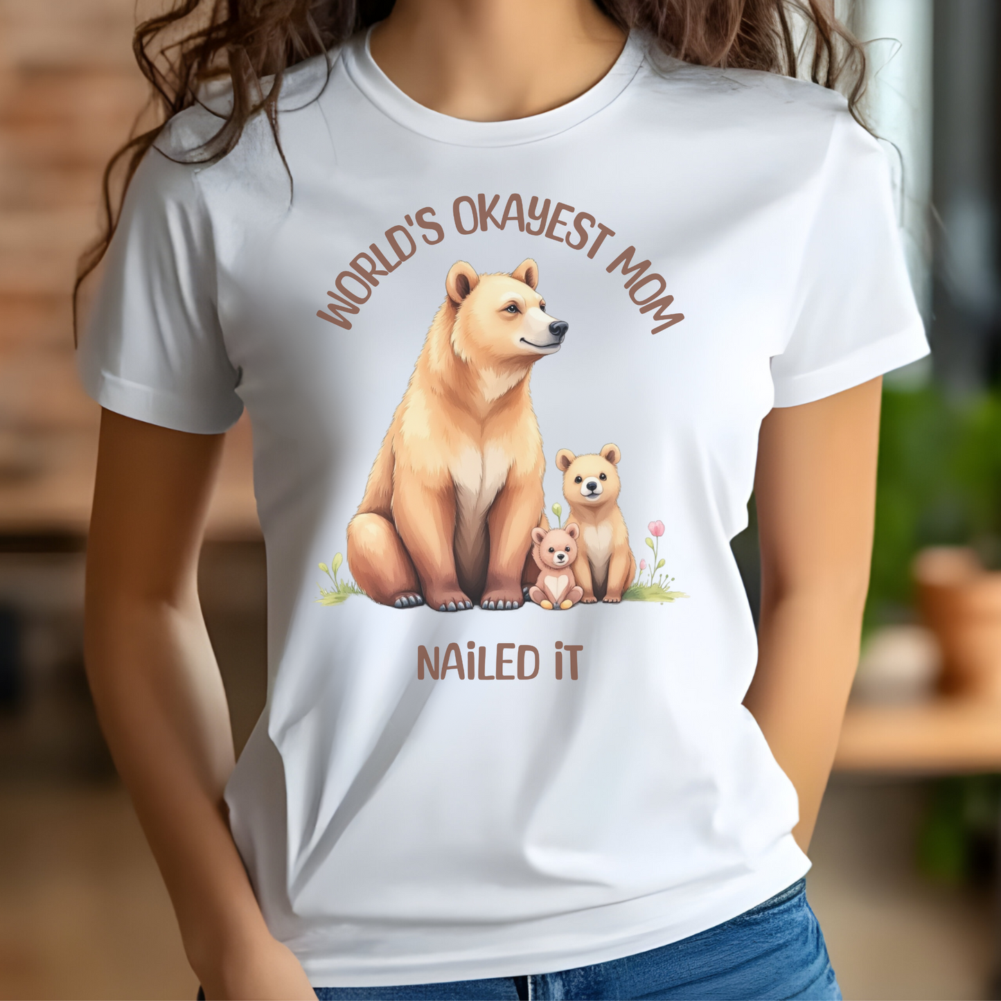 World’s Okayest Mom Nailed It digital design on a woman’s t-shirt