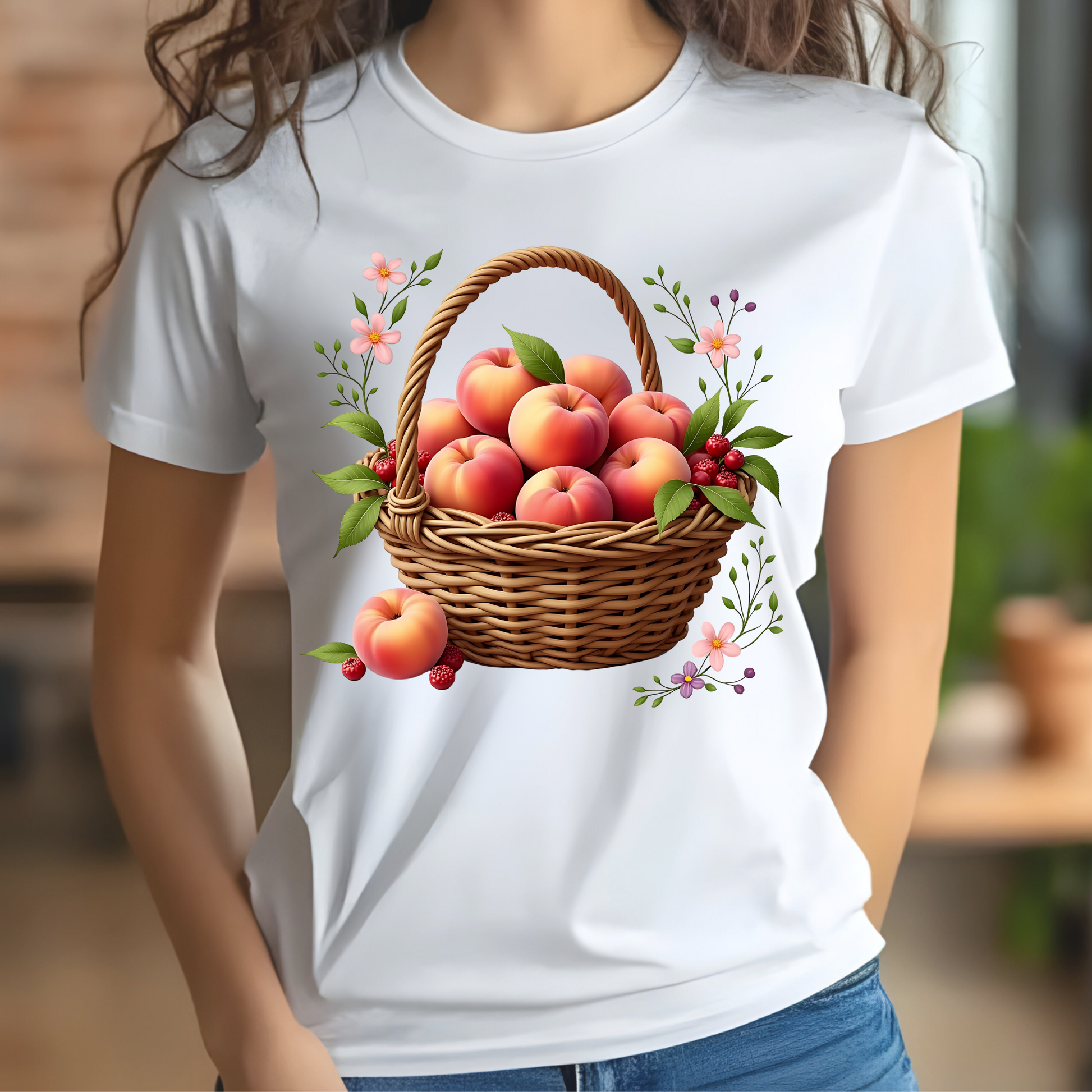 Basket Of Peaches PNG digital design on a woman's white t-shirt
