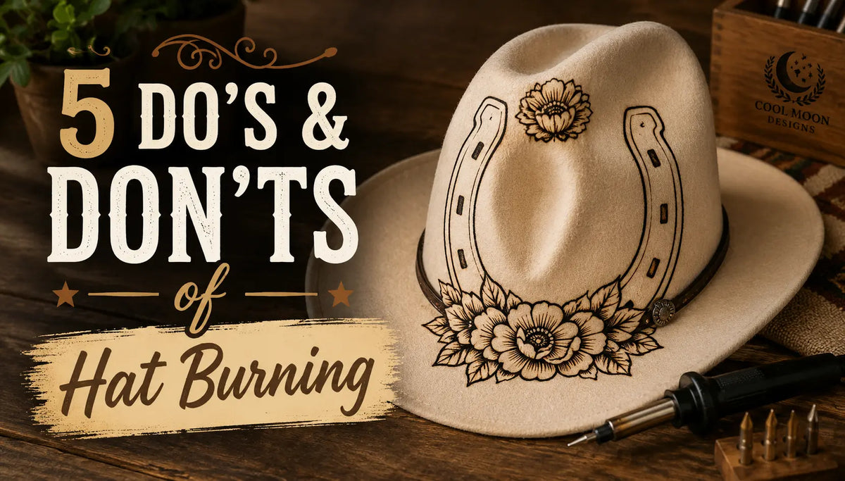 Rustic western hat burning tutorial cover image featuring a floral horseshoe cowboy hat design and pyrography tool with text reading 5 Do’s & Don’ts of Hat Burning