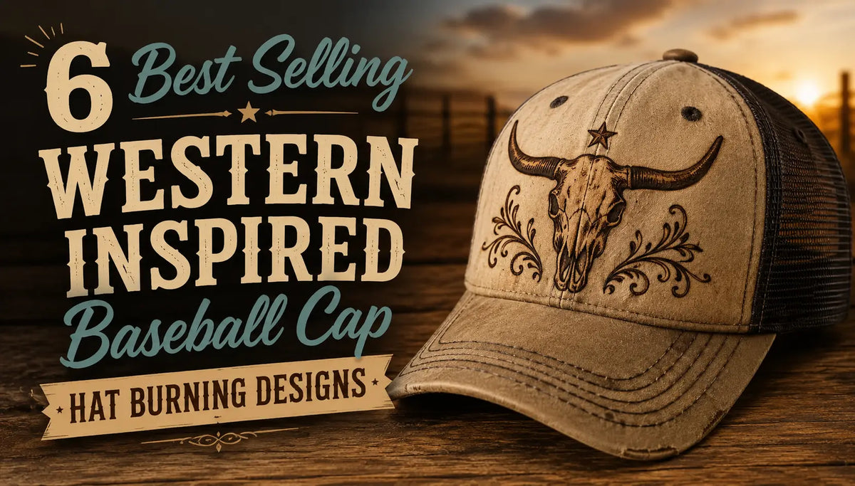 Image of a baseball cap with "6 Best Selling Western Inspired Baseball Cap Designs"