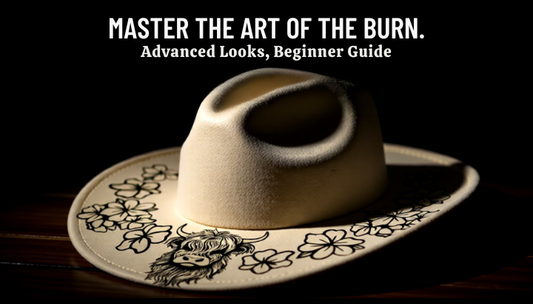 A burned hat with a highland cow and floral pattern design