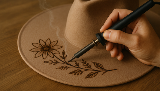 A person using a soldering iron to burn a design into a flat billed hat.