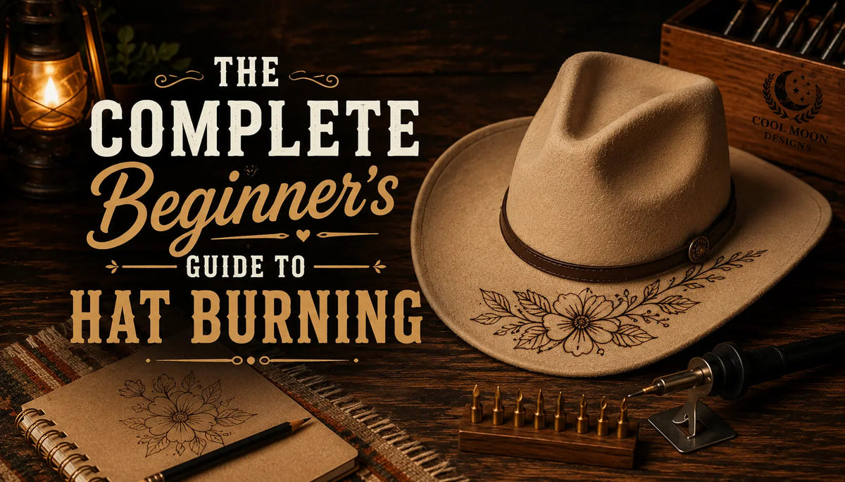 A hat with a design and "The Complete Beginner's Guide To Hat Burning"