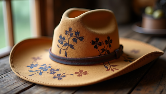 A wool felt hat with hat burning designs on a wooden table.