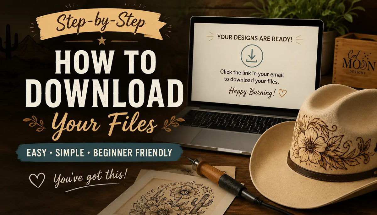 Downloading our files cover image with a burned hat and pyrography tool