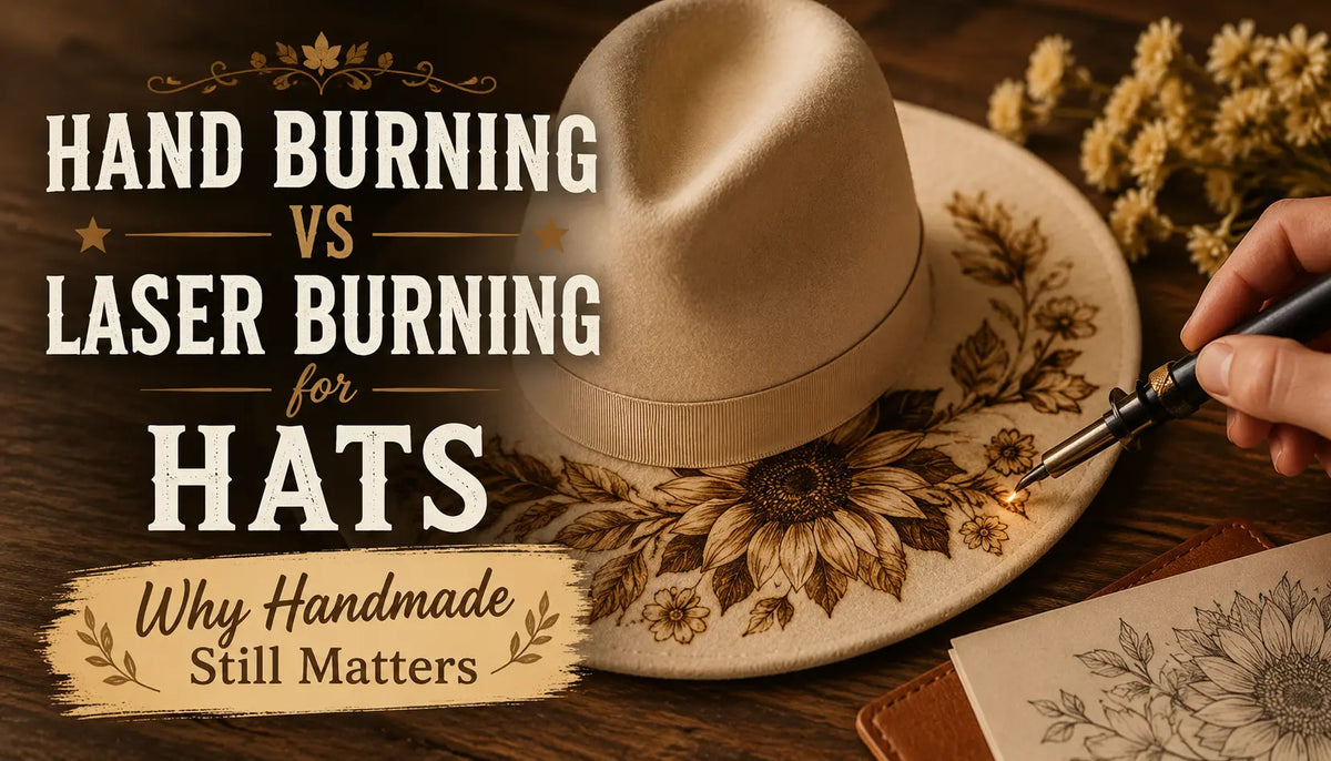 A hat being hand burned with a sketch of the design near the hat.