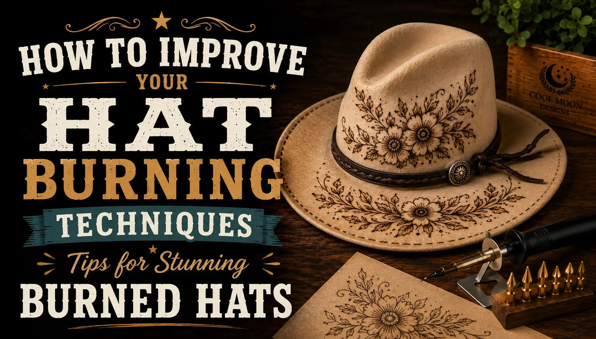 A hat with a design, a soldering iron, and "How to Improve Hat Burning Techiques"