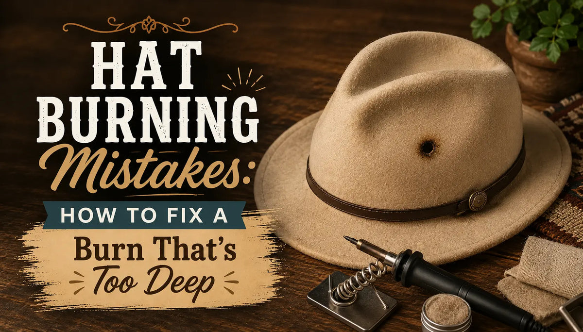 A hat with a burned hole and the text "Hat Burning Mistakes" How to fix a burn that's too deep"