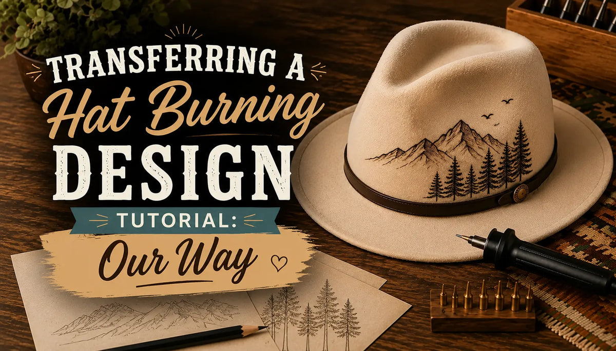 A hat with a design on it and text "Transferring A Hat Burning Design Tutorial