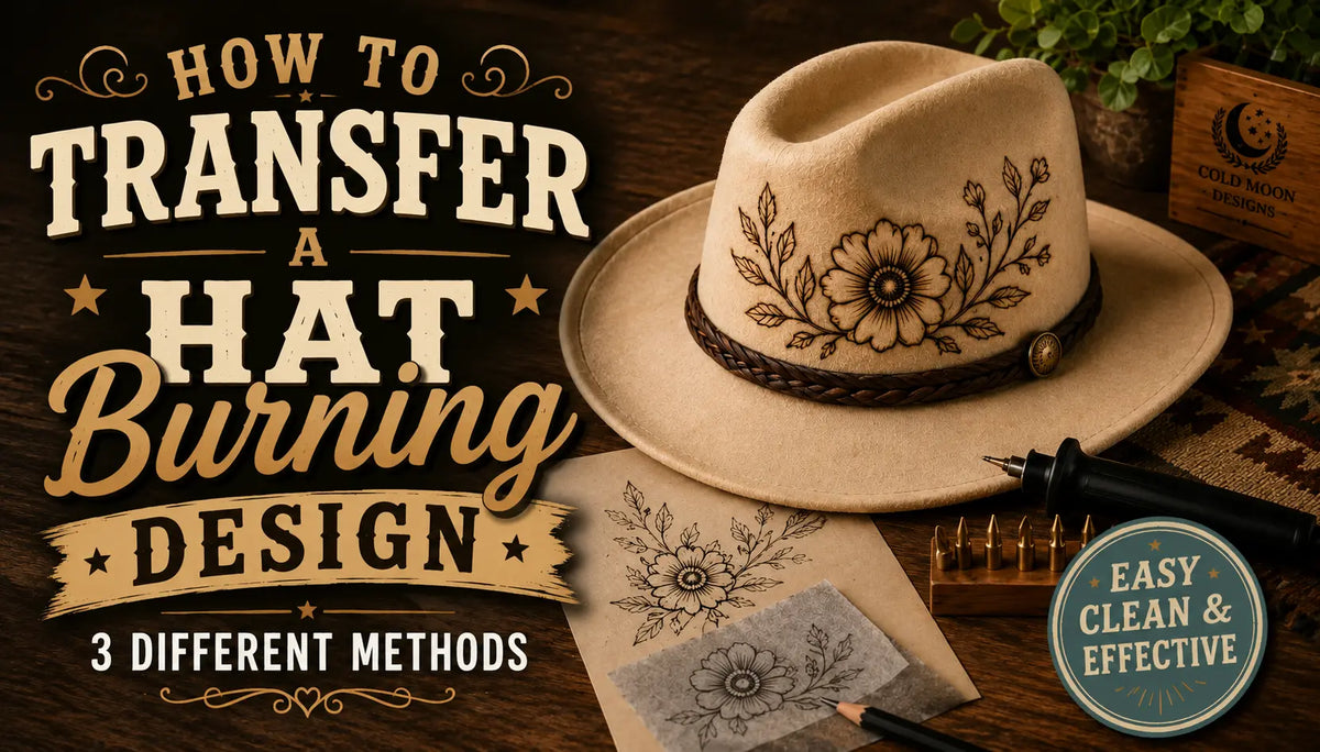 A hat with a burned image and text "How to Transfer a Hat Burning Design"