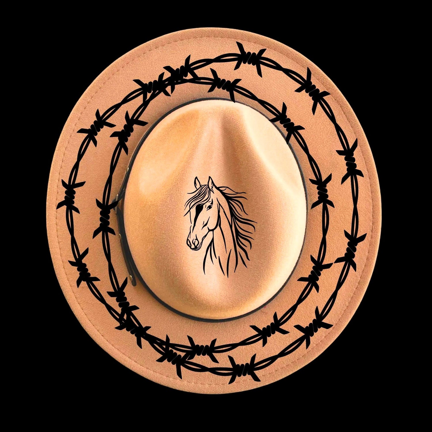 Horse and barbed wire design on a narrow brim hat